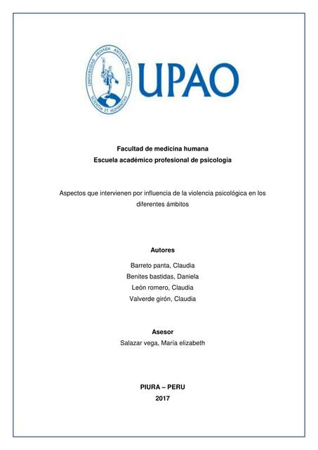 Aspectos que Intervienen por Influencia de la Violencia Psicológica en los Diferentes Ámbitos