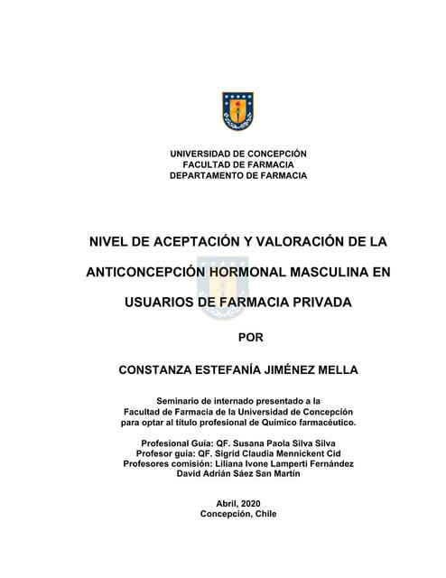 Nivel de Aceptación y Valoración de la Anticoncepción Hormonal Masculina en Usuarios de Farmacia Privada 