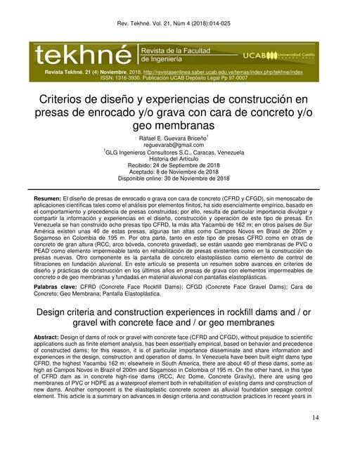 Criterios de diseño y experiencias de construcción en presas de enrocado y/o grava con cara de concreto y/o geo membranas