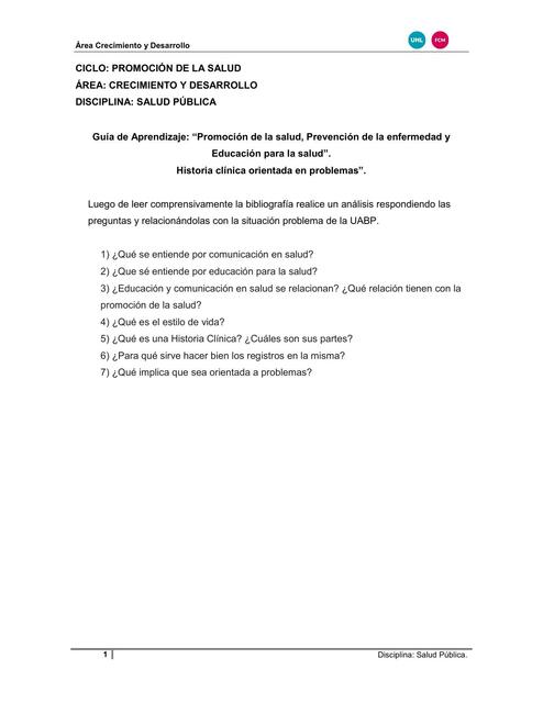 Guía de Aprendizaje: “Promoción de la Salud, Prevención de la Enfermedad y Educación para la Salud”