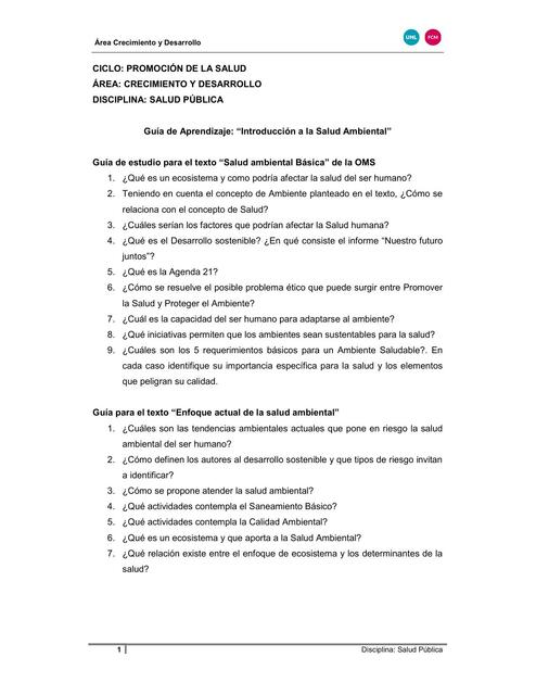 Guía de Aprendizaje: “Introducción a la Salud Ambiental” 