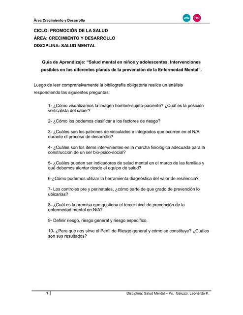 Guía de Aprendizaje: “Salud Mental en Niños y Adolescentes. Intervenciones Posibles en los Diferentes Planos de la Prevención de la Enfermedad Mental”