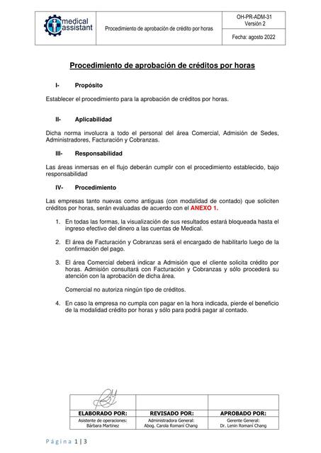 Procedimiento de aprobación de créditos por horas.