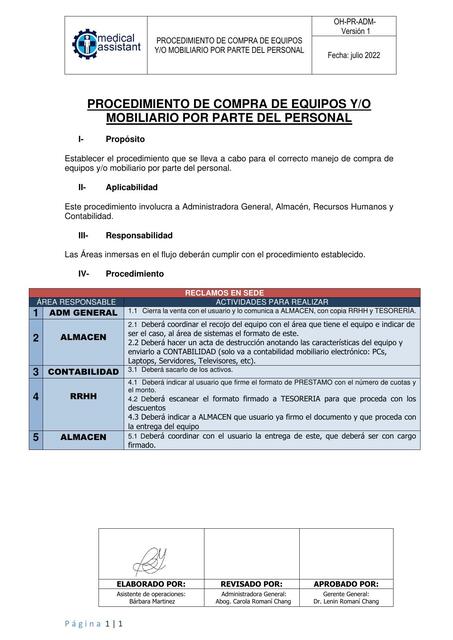 Procedimiento de compra de equipos y/o mobiliario por parte del personal.