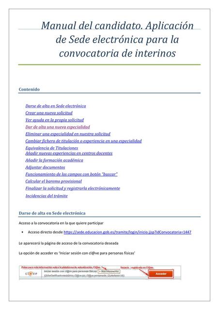 Manual del candidato. Aplicación de Sede electrónica para la convocatoria de interinos