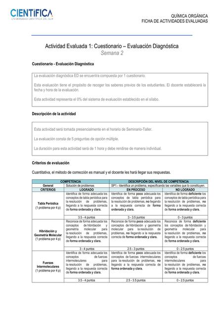 Química Orgánica- Ficha de Actividades Evaluativas 