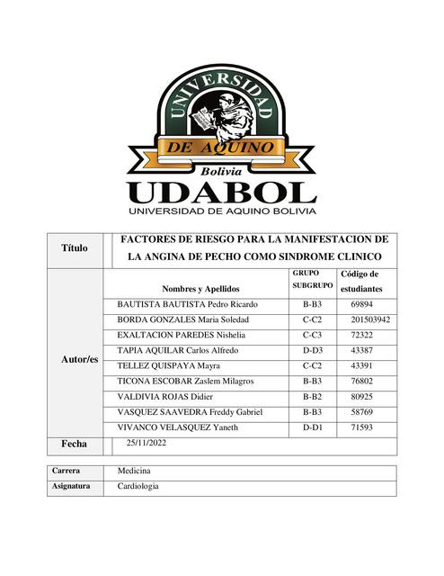 Factores de riesgo para la manifestación de la angina de pecho como síndrome clínico