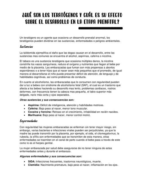 ¿Qué son los teratógenos y cuál es su efecto sobre el desarrollo en la etapa prenatal?