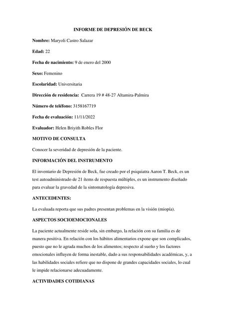 Informe del Test Depresión de Beck