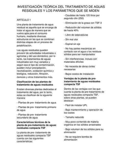 Investigación teórica del tratamiento de aguas residuales y los parámetros que se miden 