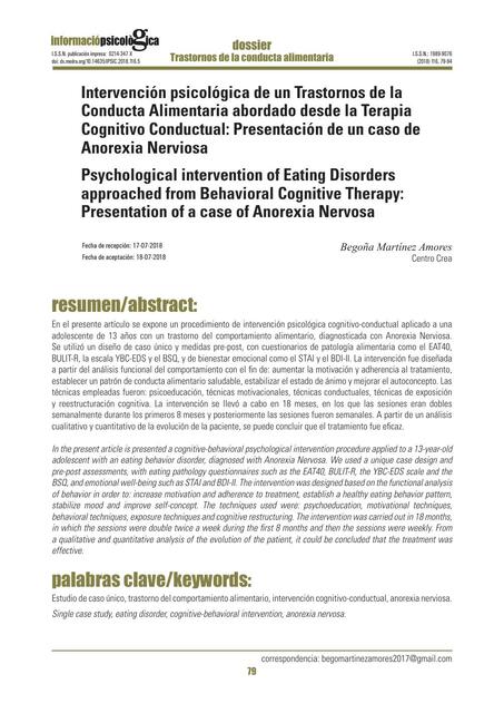 Intervención psicológica de un Trastornos de la Conducta Alimentaria abordado desde la Terapia Cognitivo Conductual