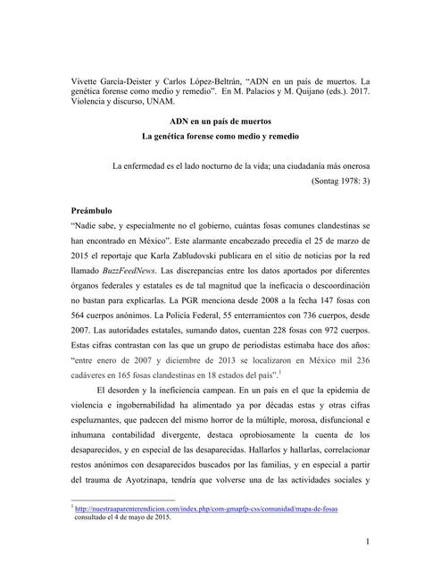 Adn En Un País De Muertos La Genética Forense Como Medio Y Remedio