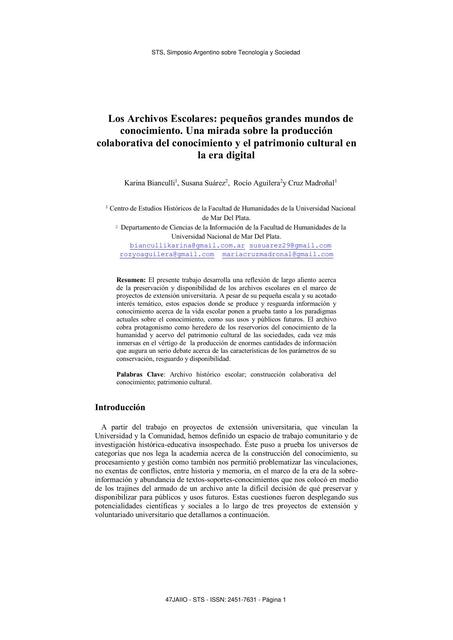 Los Archivos Escolares: Pequeños Grandes Mundos de Conocimiento. Una Mirada sobre la Producción Colaborativa del Conocimiento y el Patrimonio Cultural en la Era Digital