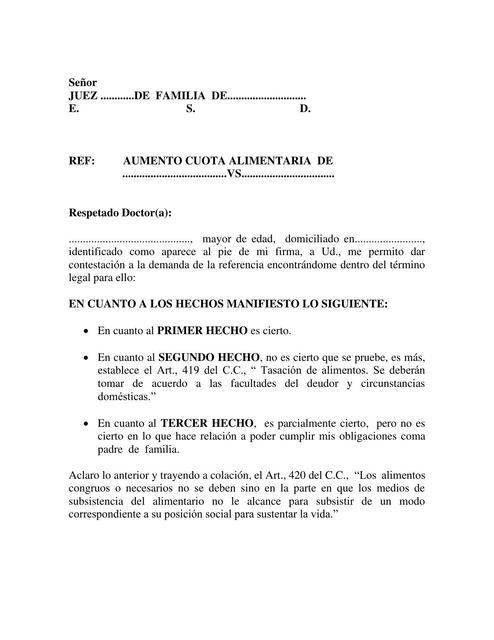 Contestación Demanda Aumento Alimentos 