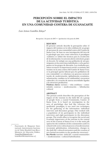 Percepción sobre el impacto de la actividad turística en una comunidad costera de guanacaste