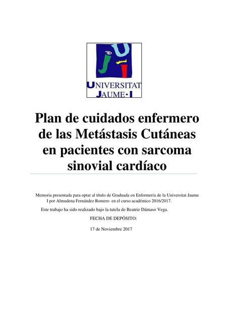 Plan de Cuidados Enfermero de las Metástasis Cutáneas en Pacientes con Sarcoma Sinovial Cardíaco 