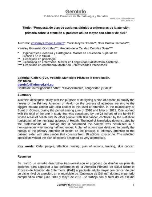 Propuesta de Plan de Acciones Dirigido a Enfermeras de la Atención Primaria Sobre la Atención al Paciente Adulto Mayor con Cáncer de Piel
