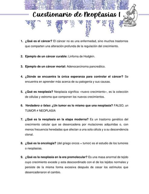 Cuestionario de neoplasias I