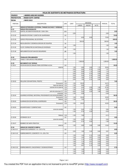 Hoja de Sustento de Metrados de Estructura 