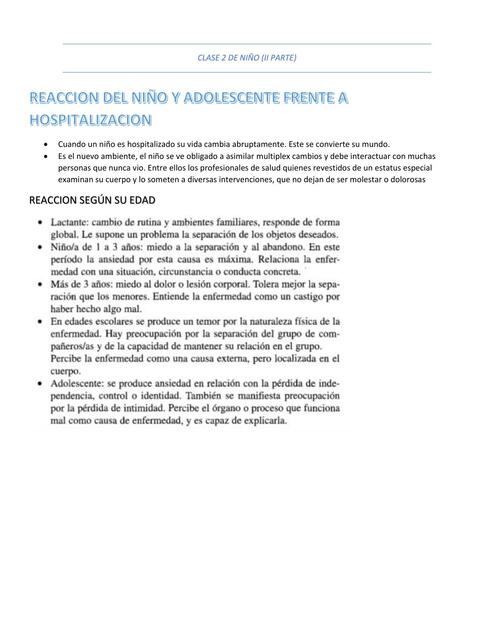 Reacción del niño y adolescente frente a hospitalización