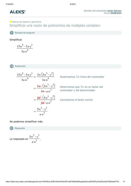 Simplificar una razón de polinomios de múltiples variables ALARCON