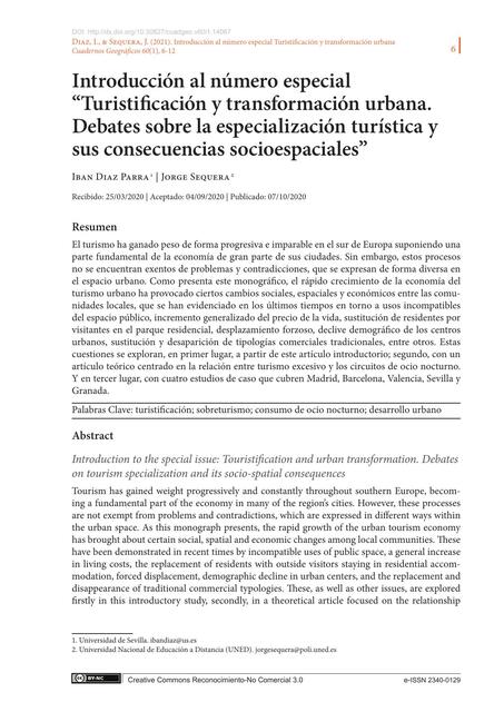 Turistificación y Transformación Urbana. Debates Sobre la Especialización Turística y sus Consecuencias Socioespaciales 