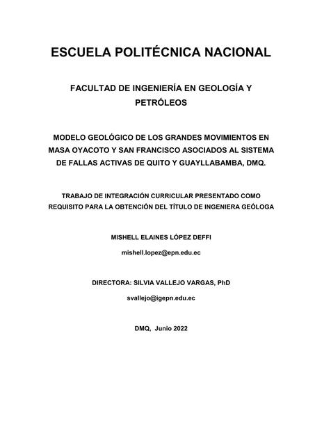 Modelo Geológico de los Grandes Movimientos en Masa Oyacoto y San Francisco  