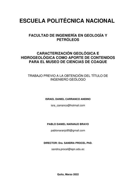 Caracterización Geológica e Hidrogeológica como Aporte de Contenidos para el Museo de Ciencias de Coaque 