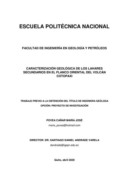 Caracterización Geológica de los Lahares Secundarios en el Flanco Oriental del Volcán Cotopaxi 