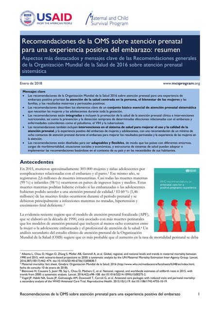 Recomendaciones de la OMS sobre Atención Prenatal para una Experiencia Positiva del Embarazo: Resumen