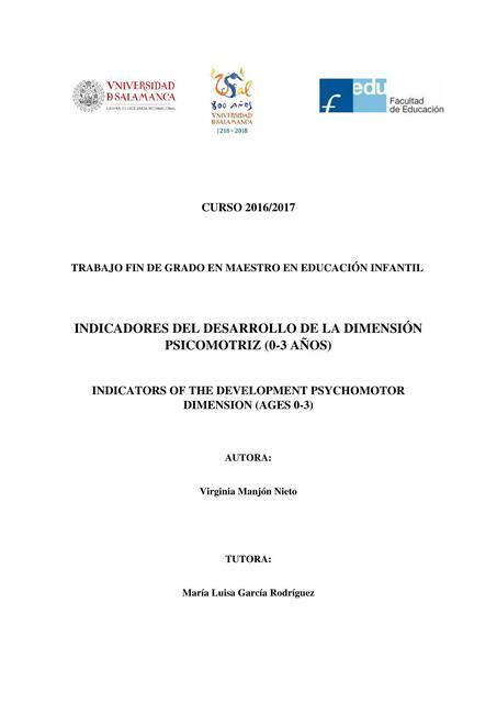 Indicadores del Desarrollo de la Dimensión Psicomotriz (0-3 Años)
