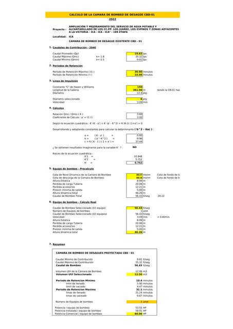 Cálculo de la Cámara de Bombeo de Desagüe  