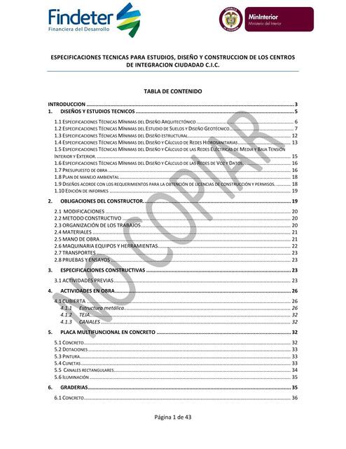 Especificaciones técnicas para estudios, diseño y construcción de los centros de integración ciudades C.I.C.