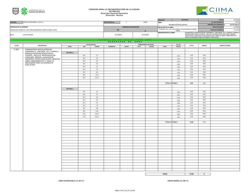 Formato de Estimación para Obra 