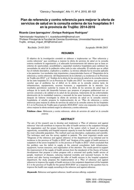 Plan de Referencia y Contra Referencia para Mejorar la Oferta de Servicios de Salud en la Consulta Externa de los Hospitales