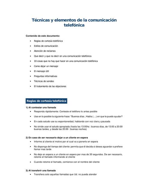 Técnicas y Elementos de la Comunicación Telefónica