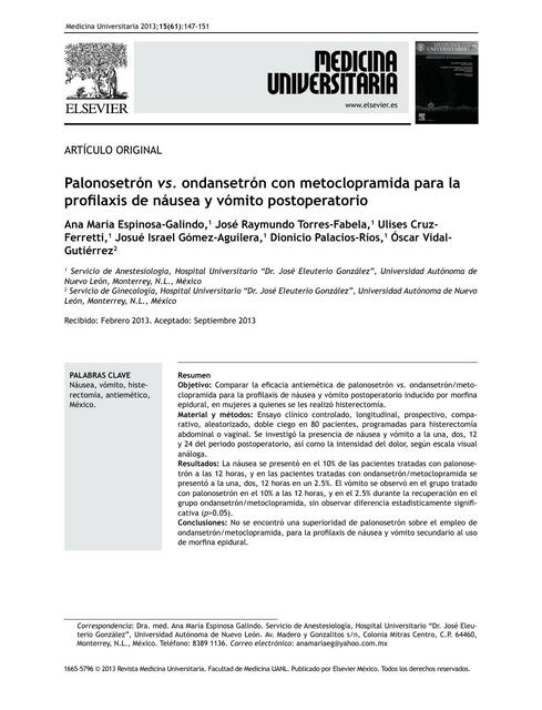 Palonosetrón vs ondasetrón con metroclopramida para la profilaxis de náusea y vómito postoperatorio