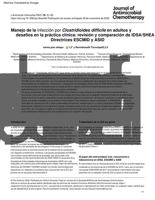 Manejo de la Infección por Clostridioides Difficile en Adultos y Desafíos en la Práctica Clínica