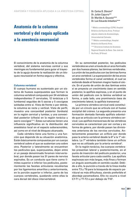 Anatomía de la Columna Vertebral y del Raquis Aplicada a la Anestesia Neuroaxial