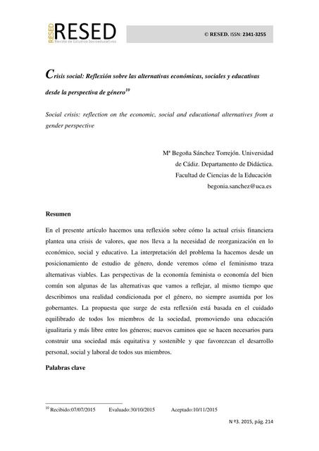 Crisis social. Reflexión sobre las alternativas económicas, sociales y educativa