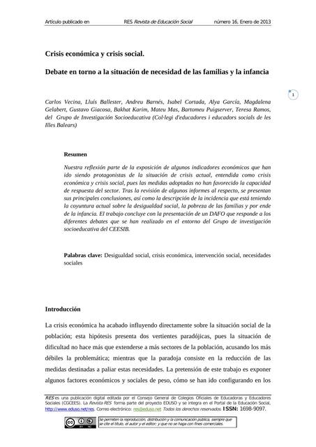 Crisis económica y crisis social. Debate en torno a la situación de necesidad