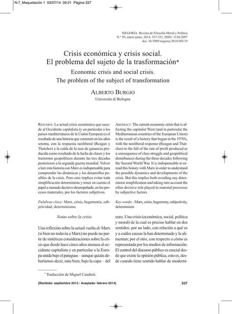 Crisis económica y crisis social. El problema del sujeto de la trasformación