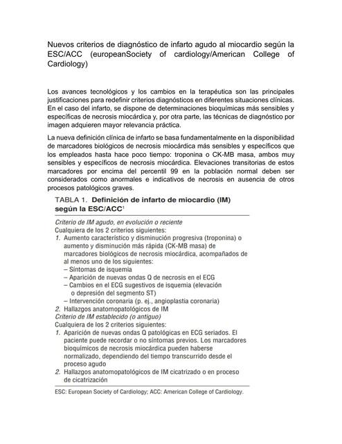 Nuevos Criterios de Diagnóstico de Infarto Agudo al Miocardio según la ESC/ACC 