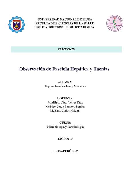 Observación de fasciola hepática y taenias