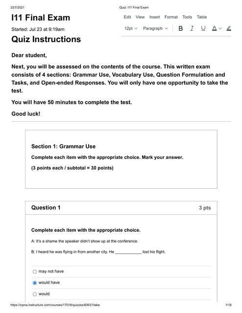 Quiz I11 Final Exam 1