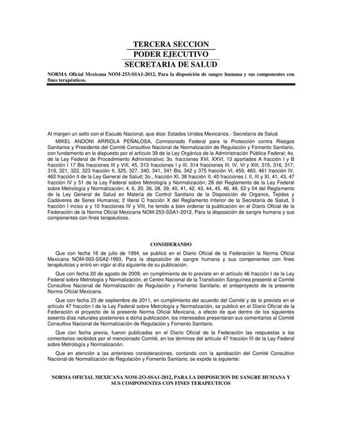 NORMA Oficial Mexicana NOM-253-SSA1-2012, Para la Disposición de Sangre Humana y sus Componentes con Fines Terapéutico