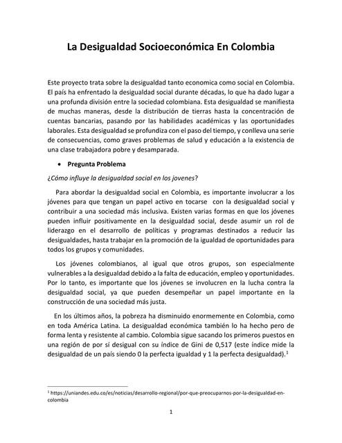 Ensayo de la desigualdad socioeconómica en Colombia 