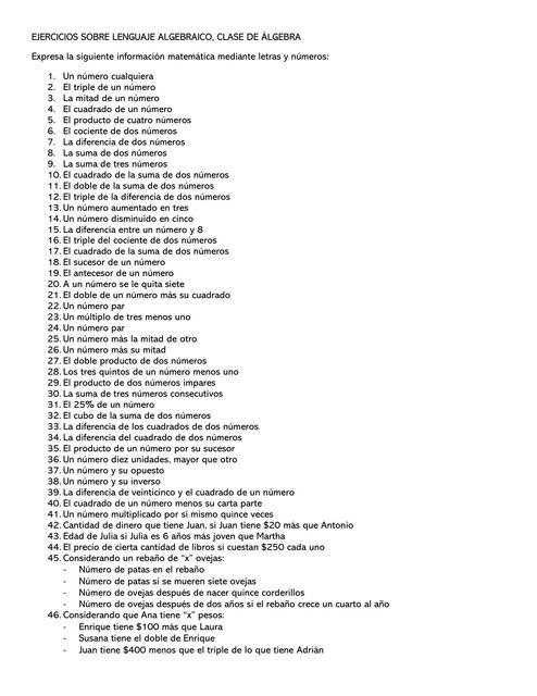 Ejercicios Sobre Lenguaje Algebraico, Clase de Álgebra 