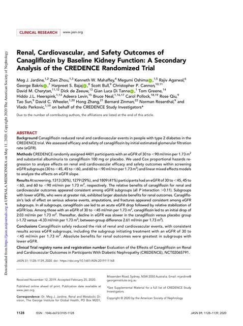 Renal, Cardiovascular, and Safety Outcomes of Canagliﬂozin by Baseline Kidney Function: A Secondary Analysis of the CREDENCE Randomized Trial