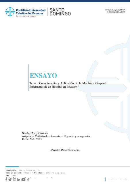 Conocimiento y Aplicación de la Mecánica Corporal: Enfermeras de un Hospital en Ecuador.